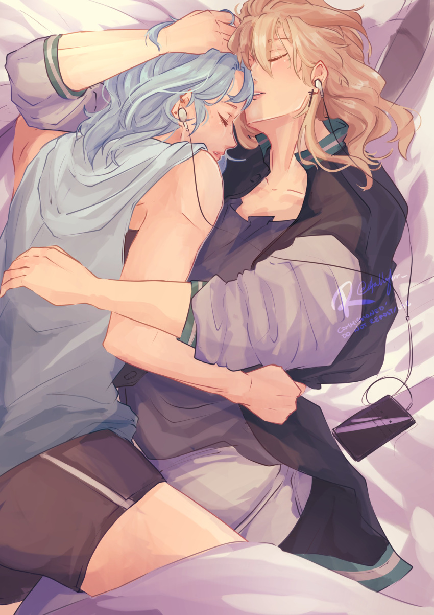 2girls, absurdres, black_jacket, black_shorts, blonde_hair, blue_hair, blue_hoodie, cellphone, closed_eyes, commentary, commission, contemporary, cross, cross_earrings, cuddling, earphones, earrings, english_commentary, eula_(genshin_impact), from_above, genshin_impact, grey_shirt, hallybrr, highres, hood, hoodie, hug, jacket, jean_(genshin_impact), jewelry, long_hair, multiple_girls, on_bed, pants, parted_lips, phone, pillow, shared_earphones, shirt, shorts, sleeping, sleeveless, sleeveless_hoodie, smartphone, white_pants, yuri
