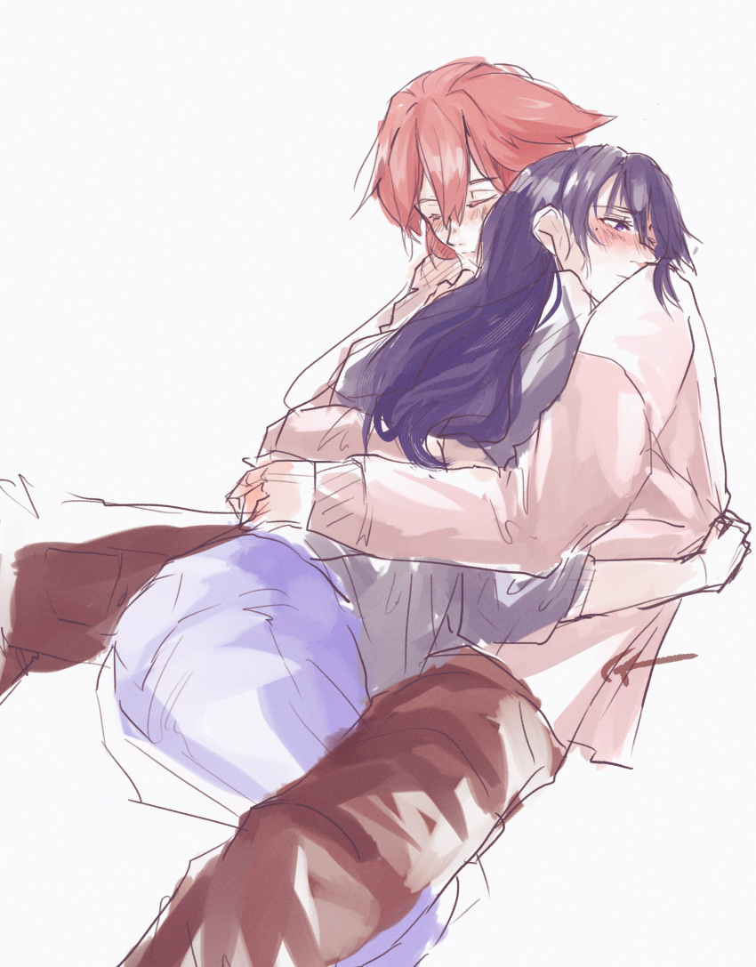 2girls, absurdres, between_legs, blue_pants, blush, closed_eyes, closed_mouth, commentary_request, cuddling, filipino_commentary, genshin_impact, grey_shirt, hallybrr, highres, hug, long_hair, long_sleeves, lying_on_person, mole, mole_under_eye, multiple_girls, pants, pink_hair, pink_sweater, purple_hair, raiden_shogun, red_pants, shirt, simple_background, sweater, violet_eyes, white_background, yae_miko, yuri