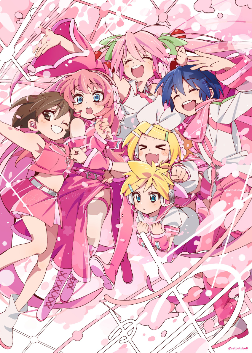 >_<, 2boys, 4girls, :<, :o, absurdres, aqua_eyes, arm_up