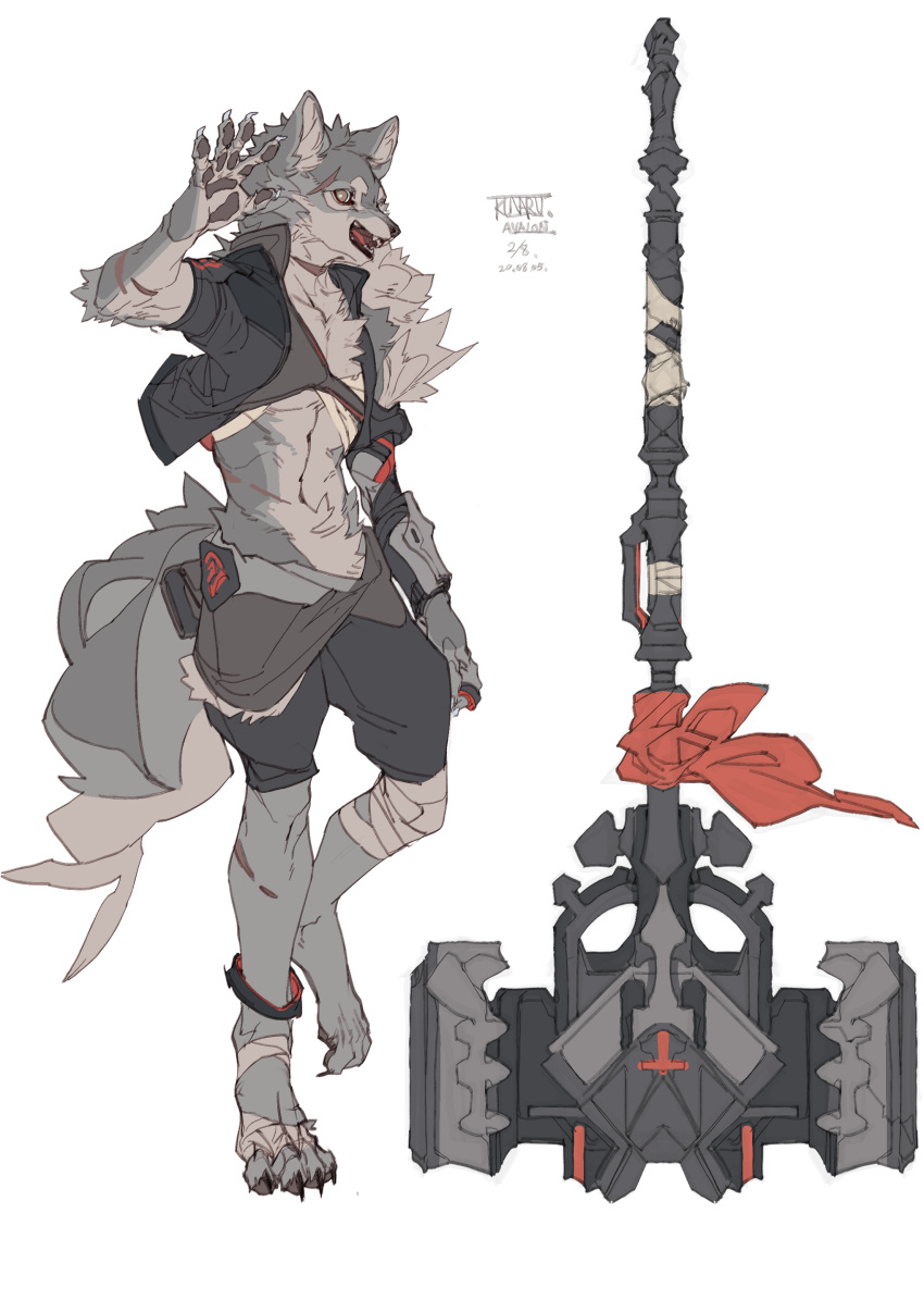 1boy, absurdres, animal_ears, anklet, artist_name, bandaged_foot, bandaged_leg, bandages, black_fur, black_jacket, body_fur, chest_guard, cropped_jacket, dated, digitigrade, full_body, furry, furry_male, grey_eyes, hand_up, highres, jacket, jewelry, kunaru_(799865444232548352), leg_up, looking_at_viewer, male_focus, open_clothes, open_jacket, open_mouth, original, pawpads, scar, scar_on_arm, scar_on_face, scar_on_foot, scar_on_leg, signature, simple_background, smile, solo, standing, tail, war_hammer, weapon, white_background, wolf_boy, wolf_ears, wolf_tail