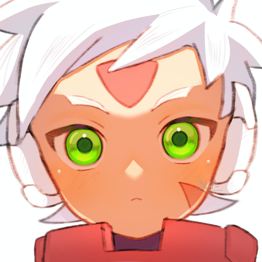 1boy, absurdres, blush, close-up, facial_mark, forehead_mark, green_eyes, grey_(mega_man)