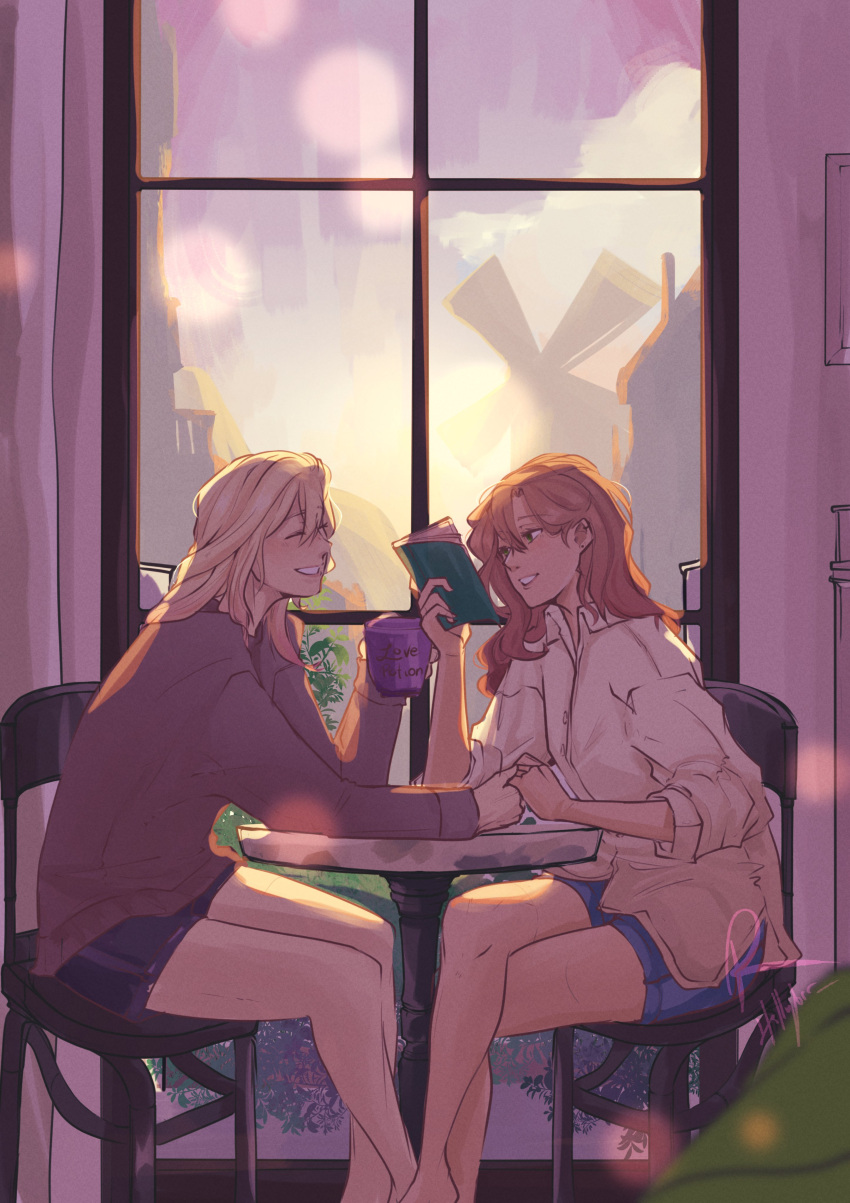 2girls, absurdres, blonde_hair, blue_shorts, book, brown_hair, coffee_mug, collared_shirt