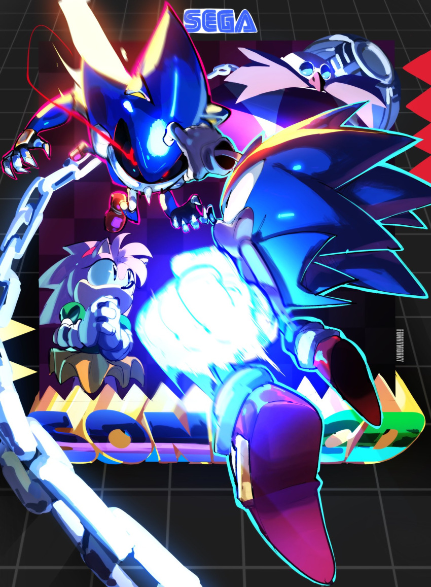 amy_rose, bald, battle, chain, commentary, dr._eggman, english_text, eye_trail, facial_hair, funnismonkis, furry, furry_female, furry_male, glasses, gloves, glowing, glowing_hand, highres, humanoid_robot, light_trail, metal_sonic, mustache, red_eyes, robot, sega, skirt, sonic_(series), sonic_cd, sonic_the_hedgehog, sonic_the_hedgehog_(classic), white_gloves