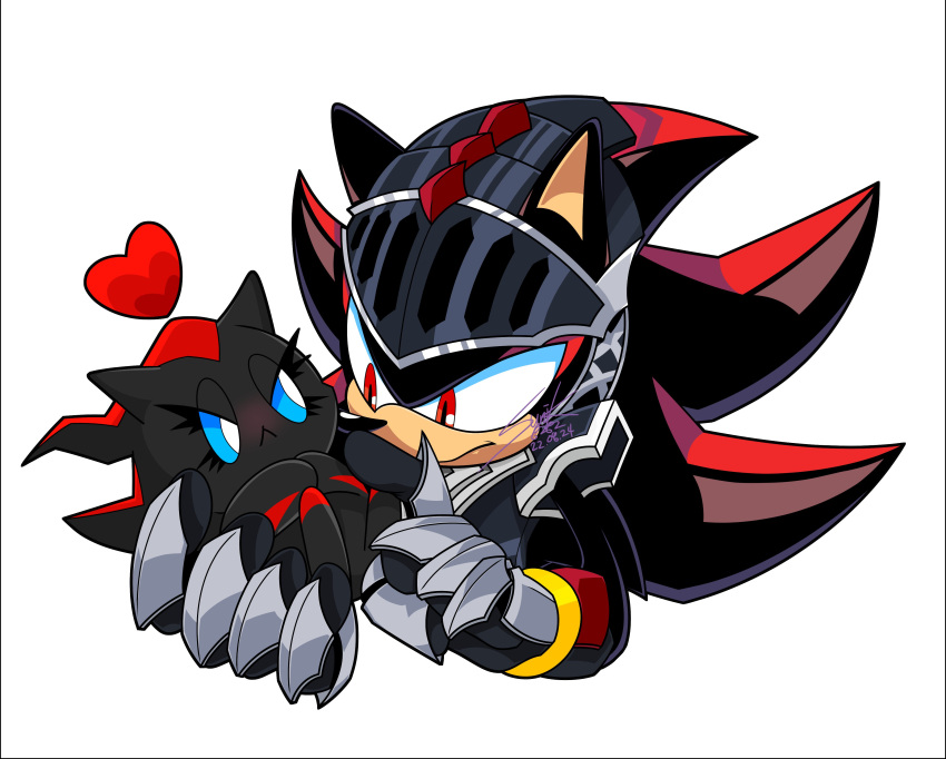 1boy, :<, absurdres, blue_eyes, carrying, commentary_request, dark_chao, furry, furry_male, highres, knight, korean_commentary, male_focus, red_eyes, shadow_chao, shadow_the_hedgehog, simple_background, sir_lancelot_(sonic), sonic_(series), sonic_and_the_black_knight, sunik_8282, upper_body, white_background