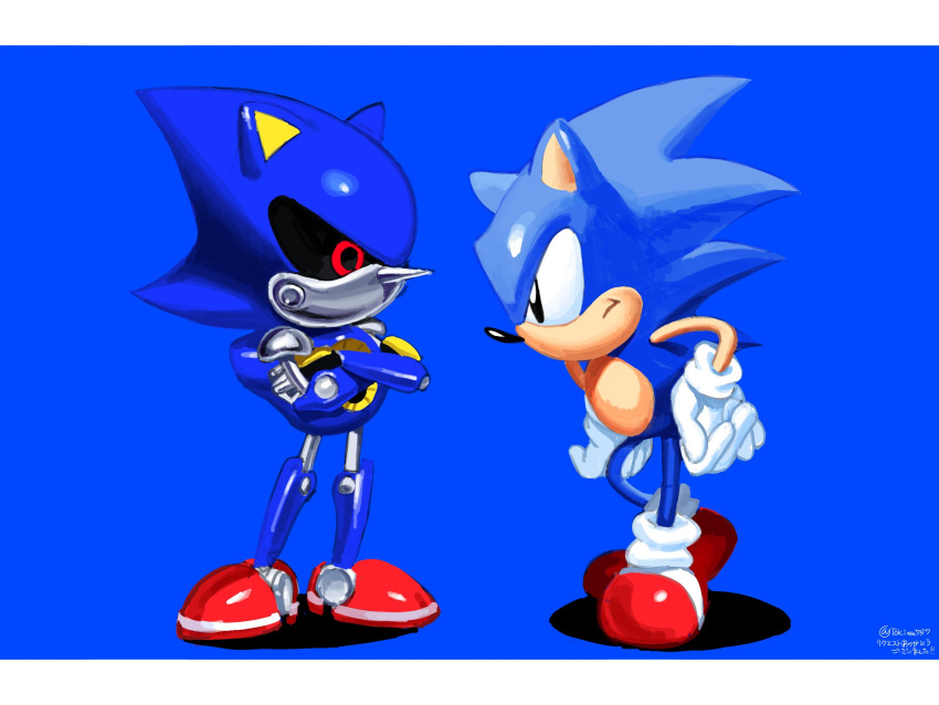 black_eyes, blue_background, commentary_request, crossed_arms, eye_contact, frown, glaring, gloves