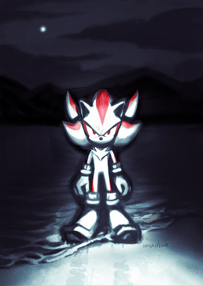 1boy, beach, full_moon, furry, furry_male, gloves, hauringu, highres, looking_at_viewer, male_focus, moon, night, outdoors, red_eyes, shadow_the_hedgehog, solo, sonic_(series)