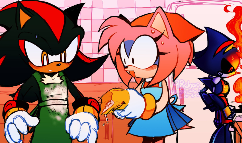 ._., 1girl, 2boys, 98chao, amy_rose, apron, black_eyes, commentary