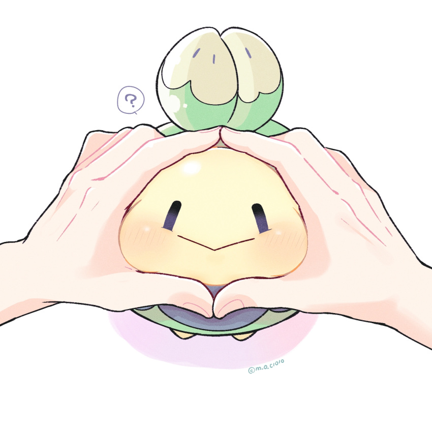 10moc10, 1other, :>, ?, artist_name, budew, cheek_press, closed_mouth, commentary_request, facing_viewer, fingernails, highres, looking_at_viewer, pokemon, pokemon_(creature), shadow, simple_background, speech_bubble, violet_eyes, white_background