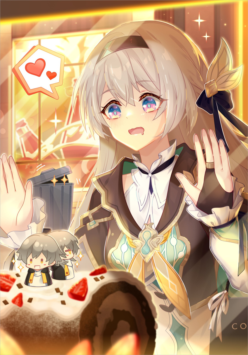 1boy, 2girls, absurdres, black_coat, black_gloves, black_hairband, caelus_(honkai:_star_rail), cake