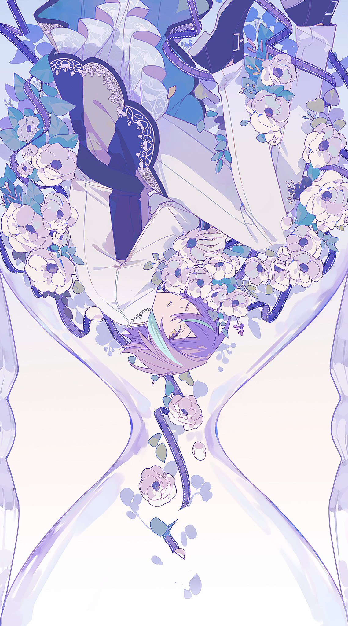 1boy, black_footwear, black_ribbon, black_shirt, buckle, cropped_legs, crossed_arms, flower, frilled_shirt, frills, hair_between_eyes, highres, holding, holding_flower, hourglass, in_hourglass, jacket, kamishiro_rui, kino_kazumi, knees_up, long_sleeves, looking_at_viewer, male_focus, multicolored_hair, open_clothes, open_jacket, pants, parted_lips, project_sekai, purple_hair, ribbon, shirt, shoe_buckle, shoes, solo, streaked_hair, suit, suit_jacket, upside-down, white_background, white_flower, white_jacket, white_pants, white_suit, yellow_eyes