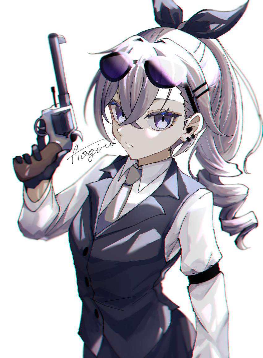 1girl, absurdres, aogiri_(aogiri_417), arm_strap, black_gloves, drill_hair, gloves, grey_hair, grey_necktie, grey_vest, gun, hair_ornament, hairclip, hand_up, highres, holding, holding_gun, holding_weapon, honkai:_star_rail, honkai_(series), long_hair, looking_at_viewer, necktie, official_alternate_costume, ponytail, revolver, shirt, silver_wolf_(honkai:_star_rail), silver_wolf_(jepella_rebellion)_(honkai:_star_rail), solo, upper_body, vest, violet_eyes, weapon, white_shirt