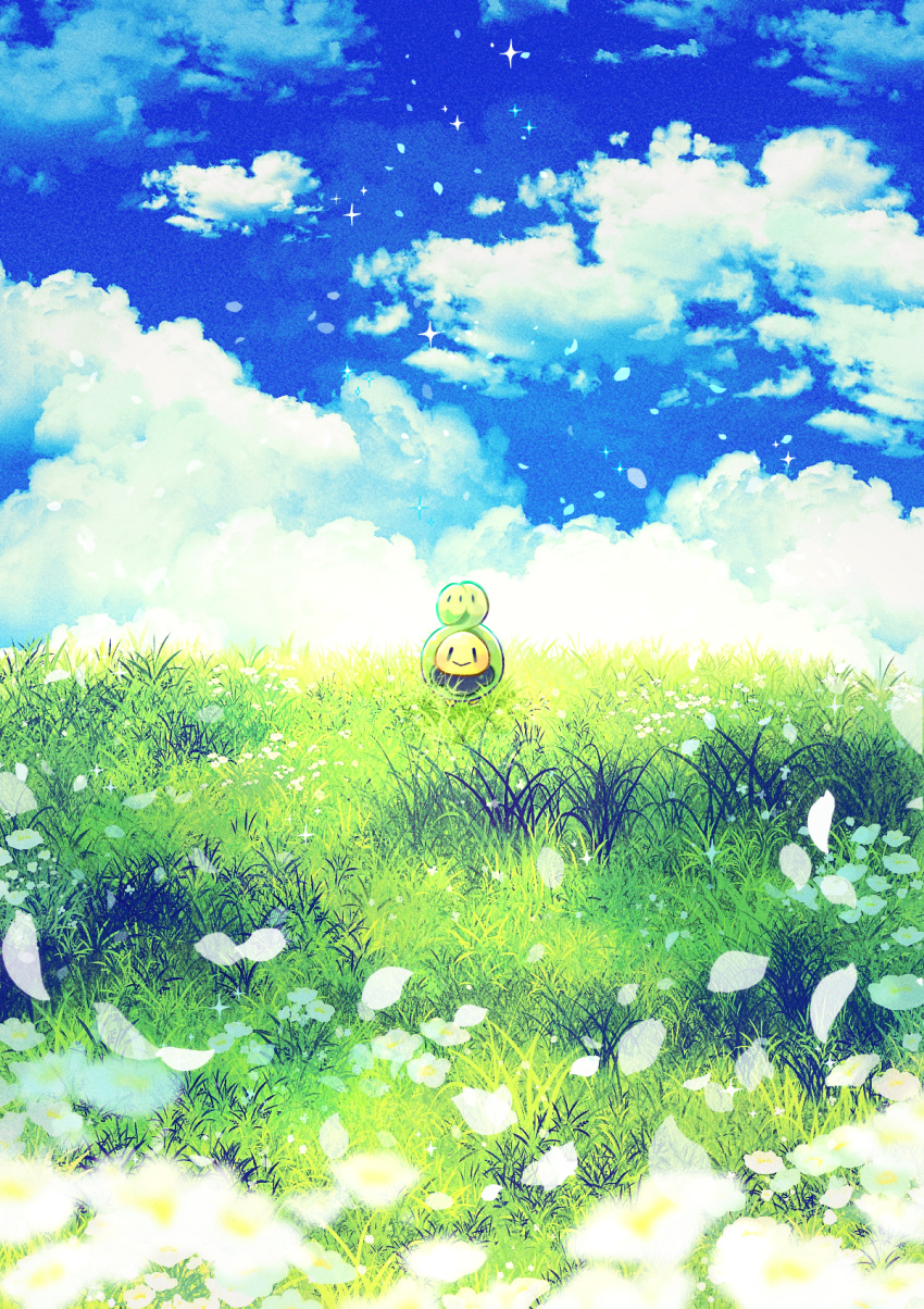 10moc10, :>, blurry, blurry_foreground, budew, closed_mouth, clouds, commentary_request