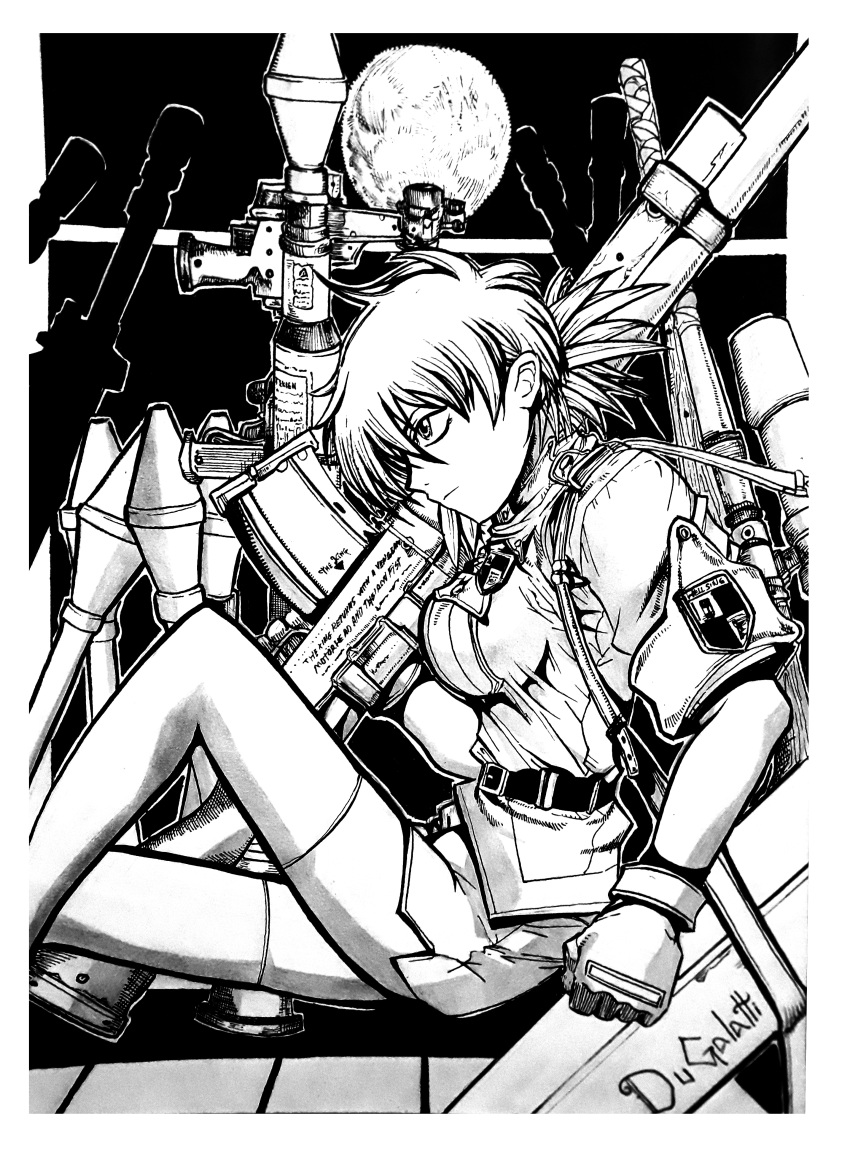 absurdres, artist_name, badge, belt, breasts, dugalatti, full_moon, gloves, greyscale, hellsing, highres, large_breasts, military_uniform, monochrome, moon, rocket_launcher, seras_victoria, signature, skirt, spiky_hair, thigh-highs, uniform, weapon