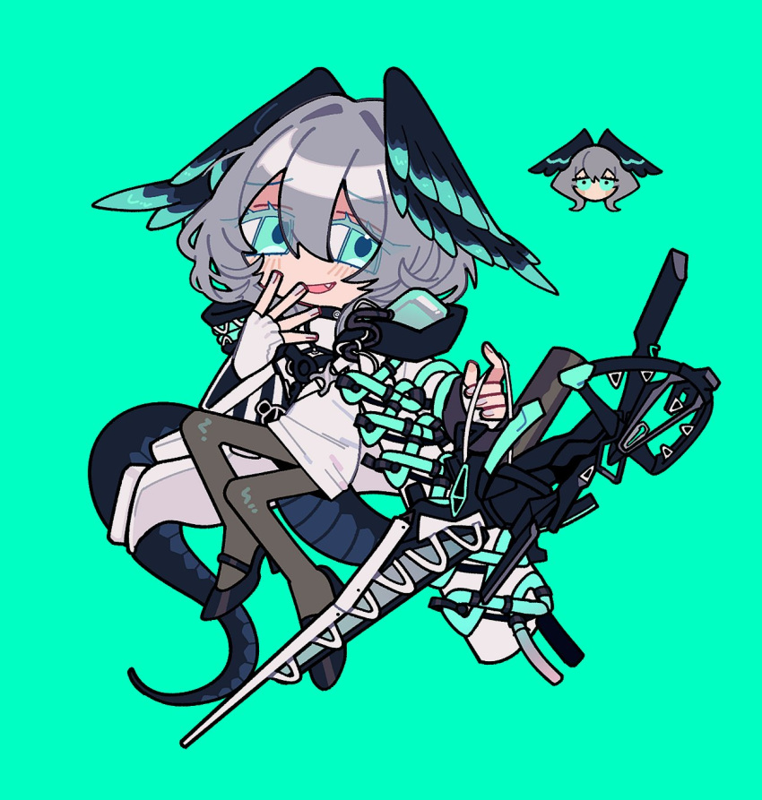 1girl, aqua_background, aqua_eyes, arknights, black_footwear, black_gloves, black_pantyhose, chibi