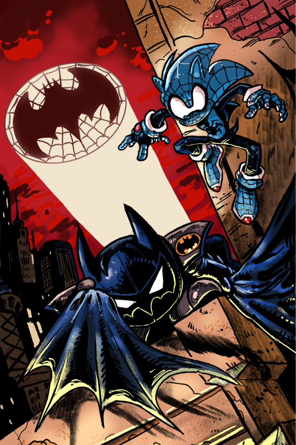 2boys, batman, batman_(cosplay), batman_(series), batman_symbol, book_cover_redraw, cape, cityscape