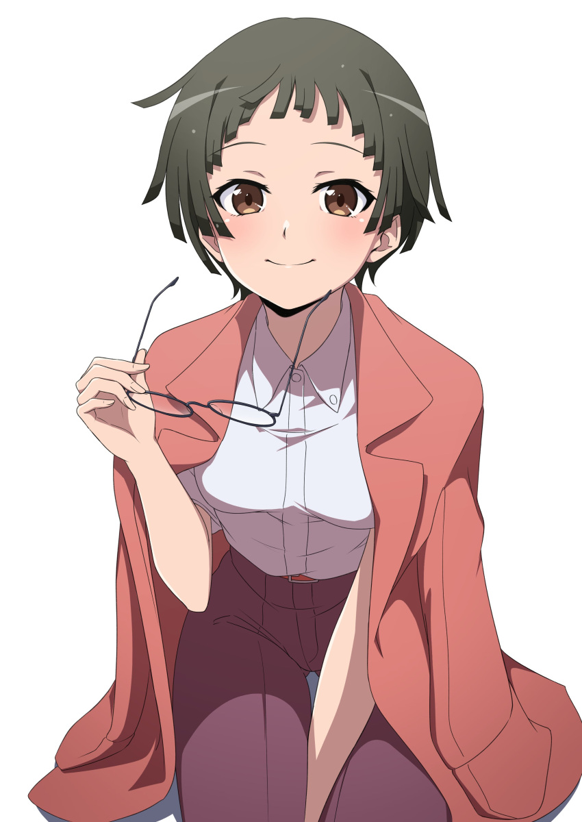 1girl, absurdres, belt, between_legs, black_hair, blush, breasts, brown_eyes