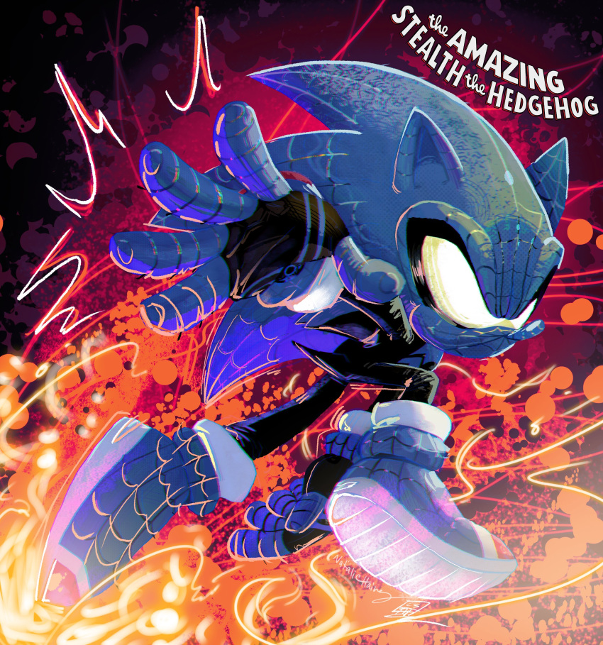 1boy, absurdres, blue_bodysuit, bodysuit, codetrillogy, english_text, furry, furry_male, highres, male_focus, solo, sonic_(series), sonic_the_hedgehog_(archie_comics), stealth_the_hedgehog