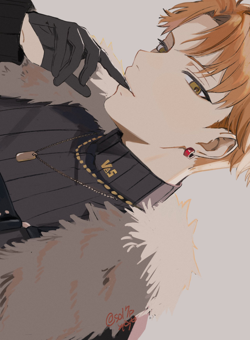 1boy, black_gloves, black_jacket, black_shirt, commentary, dog_tags, ear_piercing, earrings, eyeliner, fur_trim, glove_in_mouth, glove_pull, gloves, highres, jacket, jewelry, korean_commentary, long_sleeves, looking_down, makeup, male_focus, mouth_hold, necklace, open_clothes, open_jacket, orange_hair, parted_bangs, piercing, project_sekai, shinonome_akito, shirt, sideways, single_earring, solo, sorase_(so17p), turtleneck, white_fur, yellow_eyes