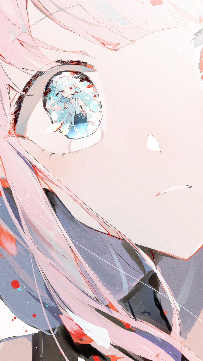 2girls, absurdres, blue_eyes, blue_hair, blue_kimono, blunt_bangs, branch_in_mouth, close-up, detached_sleeves, eye_reflection, falling_petals, floating_hair, frown, highres, japanese_clothes, kimono, kotonoha_akane, kotonoha_aoi, long_hair, long_sleeves, looking_at_another, multiple_girls, oda_kogane, parted_lips, petals, pink_hair, portrait, red_eyes, reflection, short_kimono, siblings, sisters, sleeveless, sleeveless_kimono, split_crop, ume_ni_uguisu_(synthesizer_v), voiceroid, wide-eyed