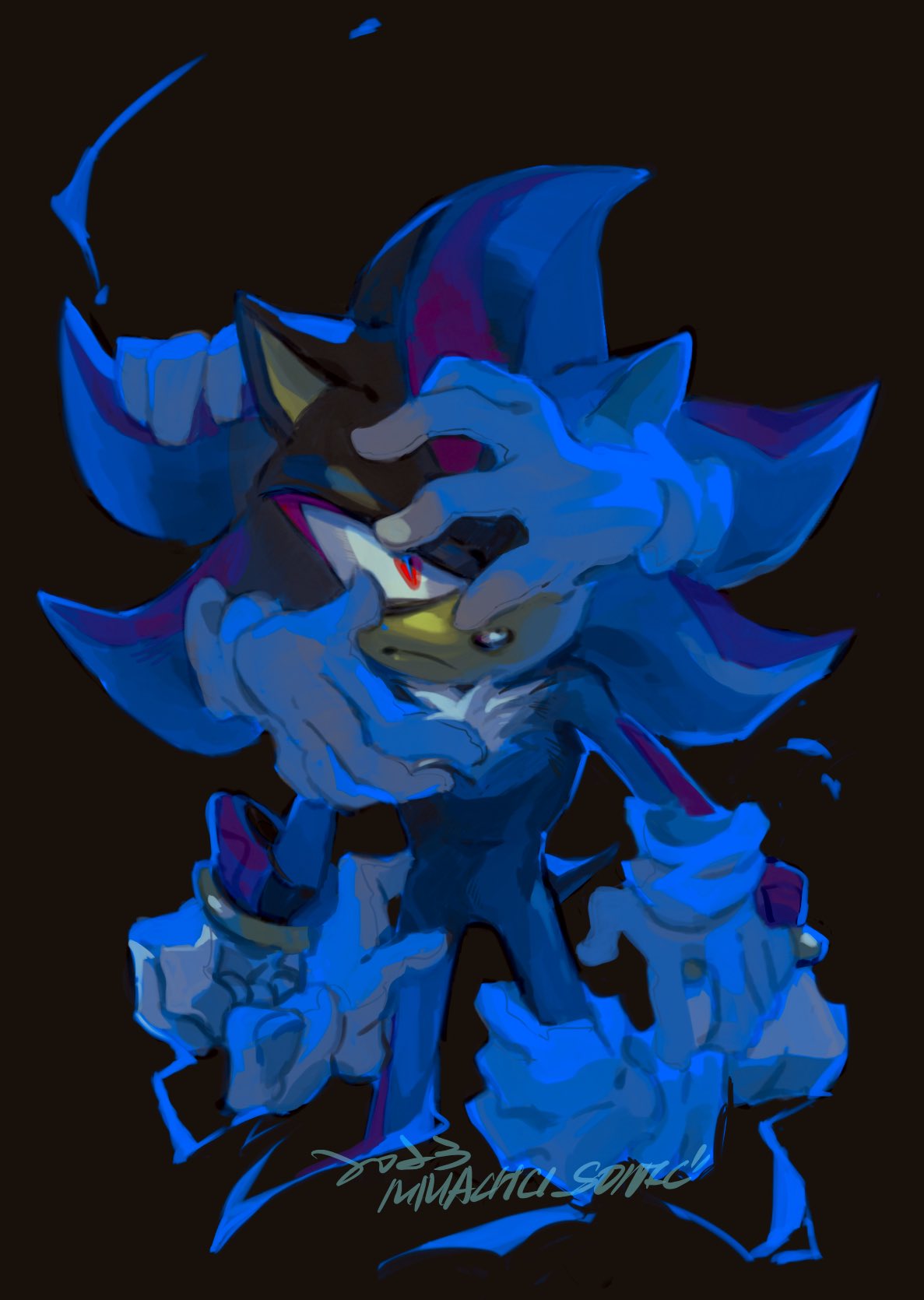 1boy, black_background, furry, furry_male, gloves, highres, looking_at_viewer, male_focus, mmachu_sonic, red_eyes, shadow_the_hedgehog, sonic_(series), white_gloves