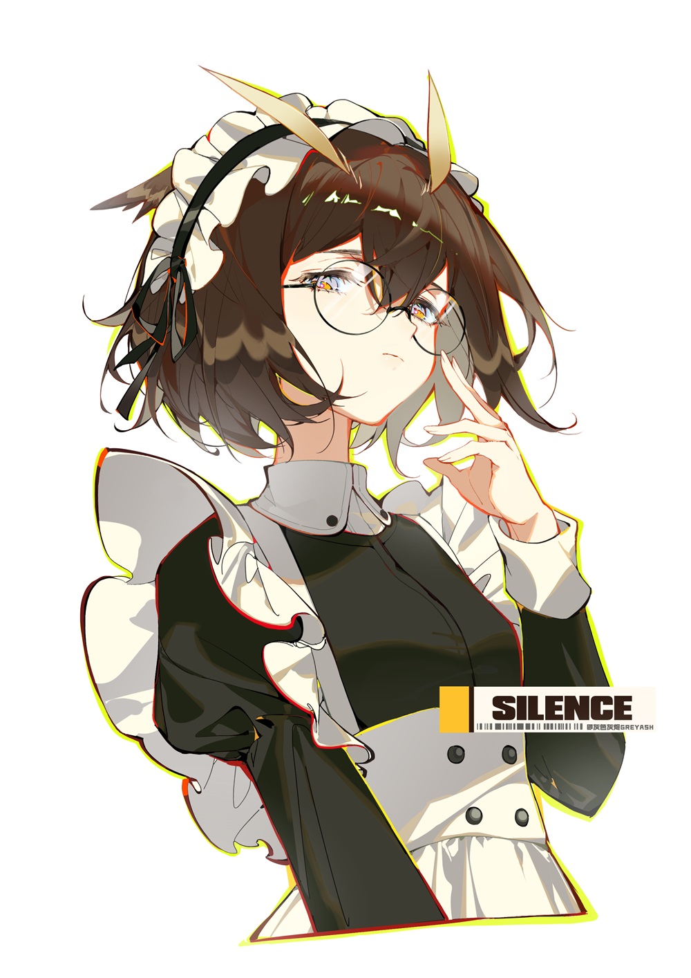 1girl, alternate_costume, apron, arknights, black_shirt, brown_hair, character_name, closed_mouth