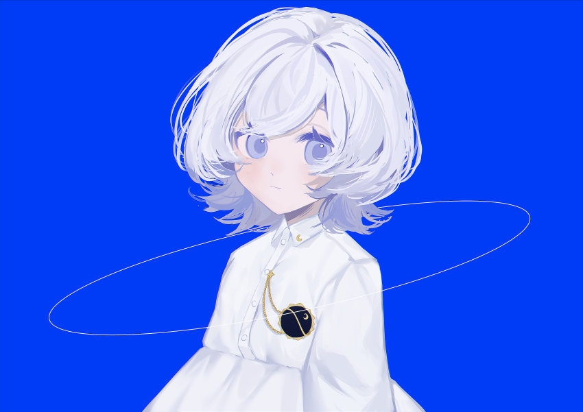 1girl, absurdres, arms_at_sides, blue_background, blush, closed_mouth, collared_dress, commentary_request