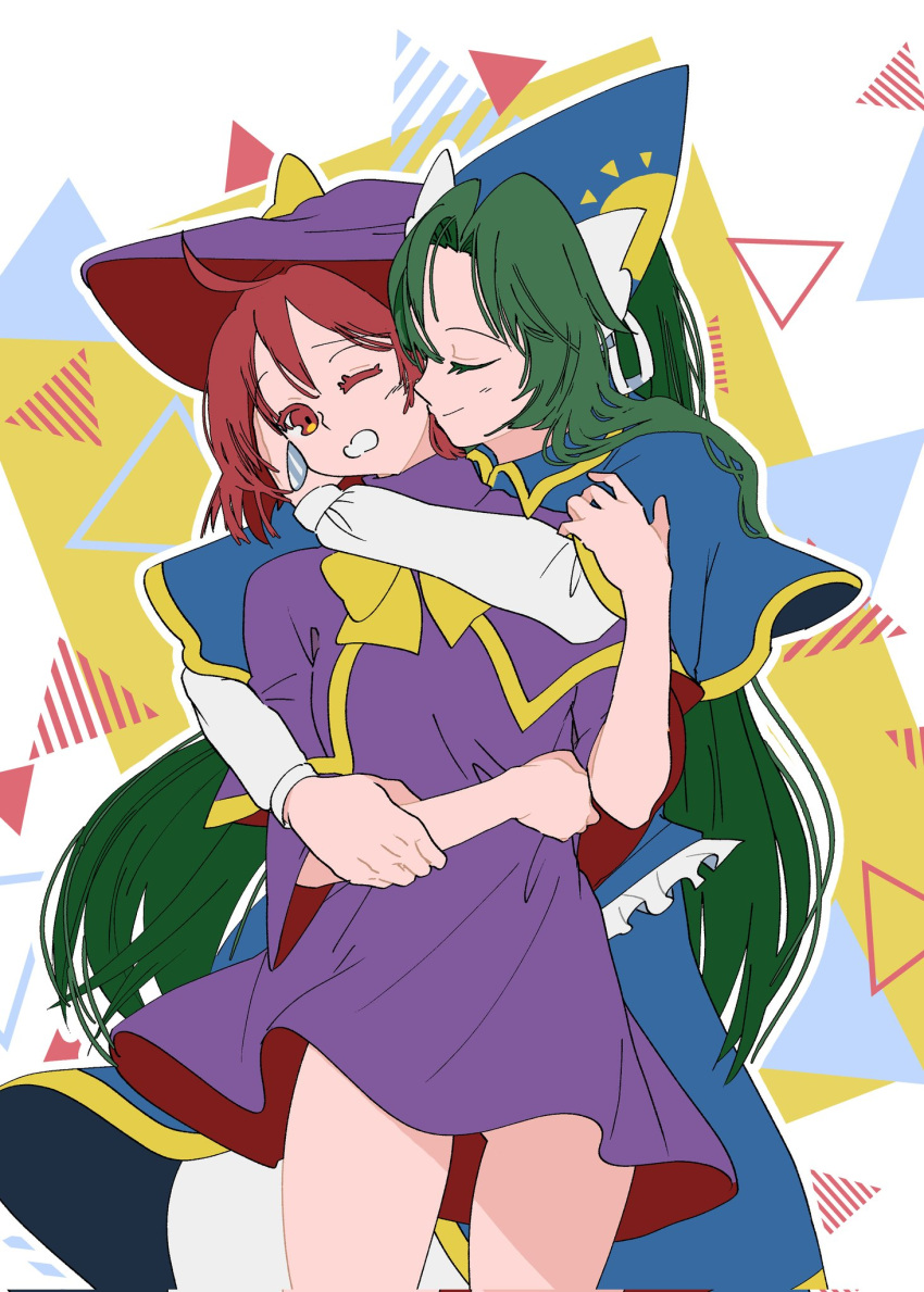 2girls, ahoge, ass_visible_through_thighs, bare_legs, blue_capelet, blue_hat, blue_skirt, blue_vest, bow, bowtie, breasts, capelet, closed_eyes, commentary_request, dress, ghost_tail, green_hair, grin, hat, hat_bow, hat_ribbon, highres, hug, kirisame_marisa, kirisame_marisa_(pc-98), long_hair, long_sleeves, mima_(touhou), multiple_girls, one_eye_closed, parted_bangs, purple_capelet, purple_dress, purple_hat, red_eyes, redhead, ribbon, shizuku_hky, short_hair, skirt, small_breasts, smile, sun_print, touhou, very_long_hair, vest, white_ribbon, wide_sleeves, witch_hat, wizard_hat, yellow_bow, yellow_bowtie