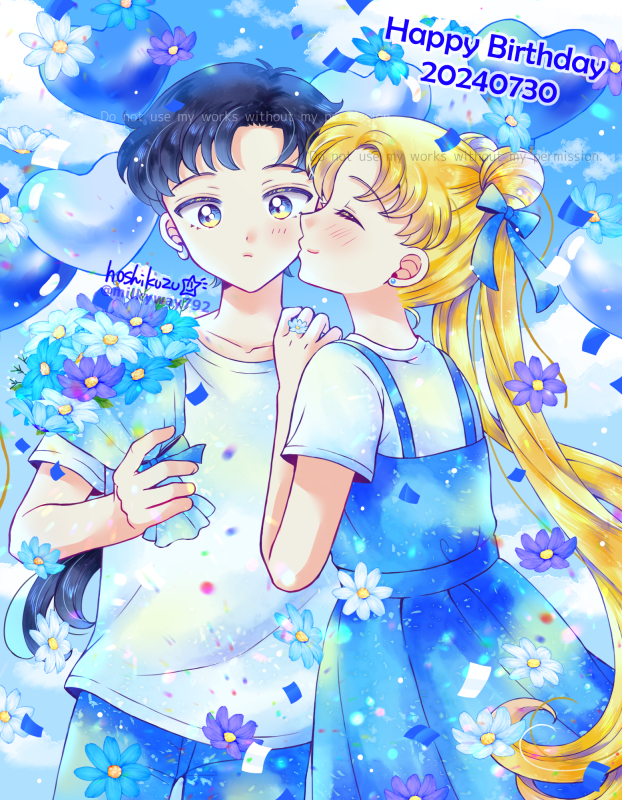 2girls, androgynous, balloon, birthday, bishoujo_senshi_sailor_moon, bishoujo_senshi_sailor_moon_stars, black_hair, blonde_hair