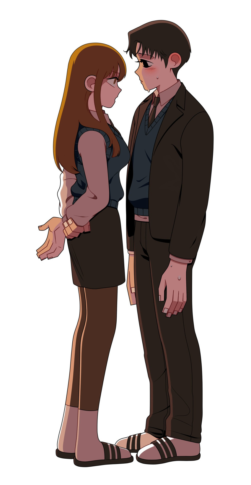 1boy, 1girl, absurdres, aged_down, arms_behind_back, bags_under_eyes, black_hair, black_jacket, black_necktie, black_thighhighs, blue_sweater_vest, blush, breasts, brown_eyes, brown_hair, collared_shirt, fingernails, highres, jacket, killing_stalking, large_breasts, long_hair, looking_at_viewer, necktie, open_clothes, open_jacket, school_uniform, shirt, simple_background, sweat, sweater_vest, tariah_furlow, thigh-highs, white_background, yoon_bum, yoon_bum's_classmate