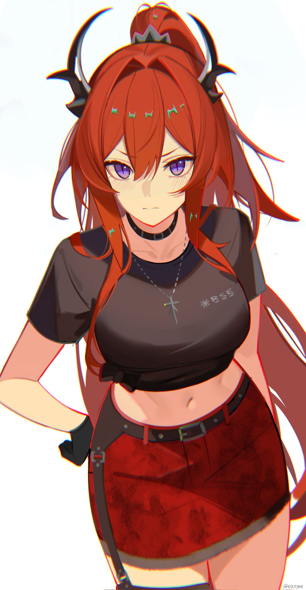 1girl, arknights, belt, black_belt, black_choker, black_gloves, black_shirt, blush