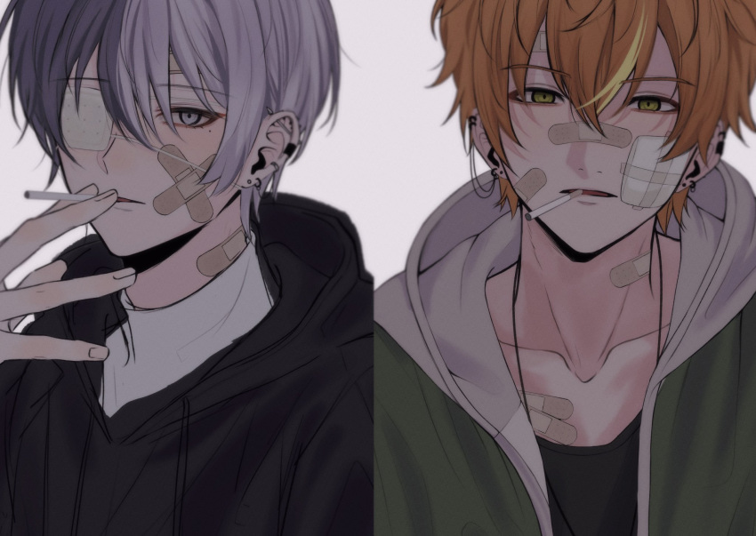 2boys, aoyagi_touya, bandaid, bandaid_on_chest, bandaid_on_face, bandaid_on_neck, black_shirt, blue_hair