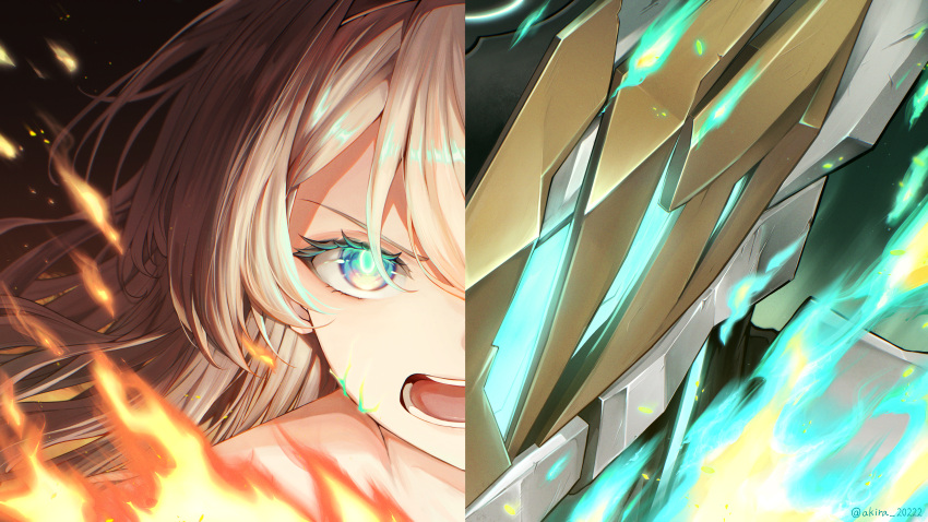 1girl, absurdres, armor, close-up, fire, firefly_(honkai:_star_rail), green_fire, grey_armor, grey_hair, hair_between_eyes, helmet, highres, honkai:_star_rail, honkai_(series), kiguchi_hikaru, long_hair, looking_at_viewer, open_mouth, power_armor, sam_(honkai:_star_rail), scar, scar_on_face, shouting, teeth, two-tone_eyes, upper_body