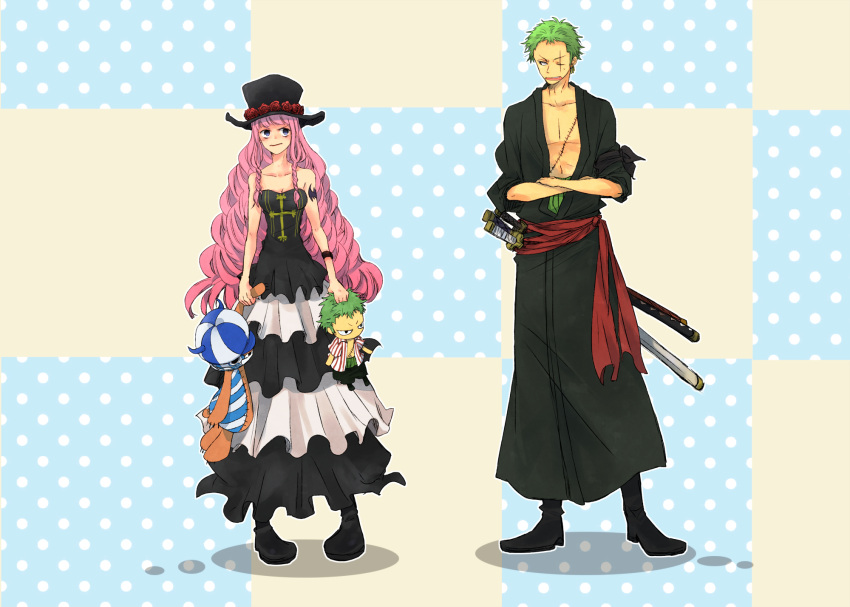 bandanna, bare_shoulders, boots, crossed_arms, doll, dress, drill_hair, female, flower, frilled_dress, frills, green_hair, haramaki, hat, highres, kumacy, kuta_(maka), long_hair, male, one_piece, perona, pink_hair, purple_eyes, red_rose, robe, roronoa_zoro, rose, sash, scar, shirt, simple_background, standing, striped, striped_shirt, stuffed_animal, stuffed_toy, sword, tattoo, top_hat, violet_eyes, watch, weapon, wristwatch