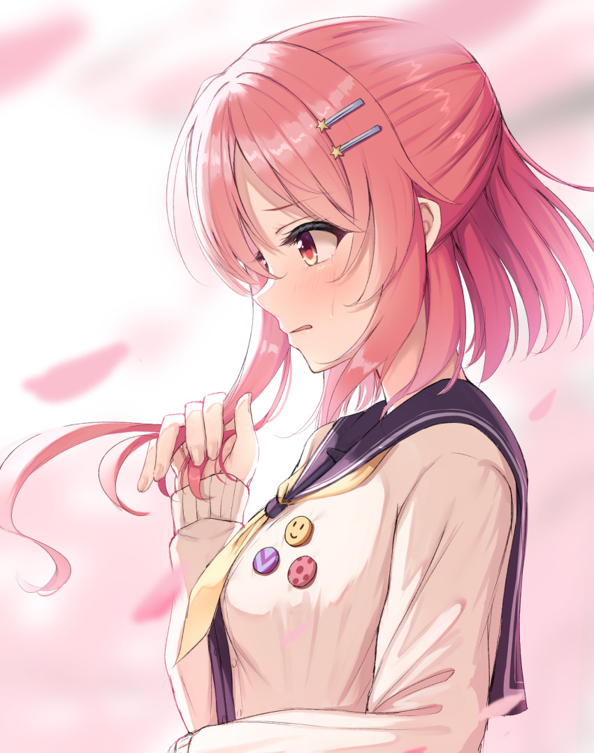 1girl, 2024, badge, black_sailor_collar, blurry, blush, brown_cardigan, button_badge