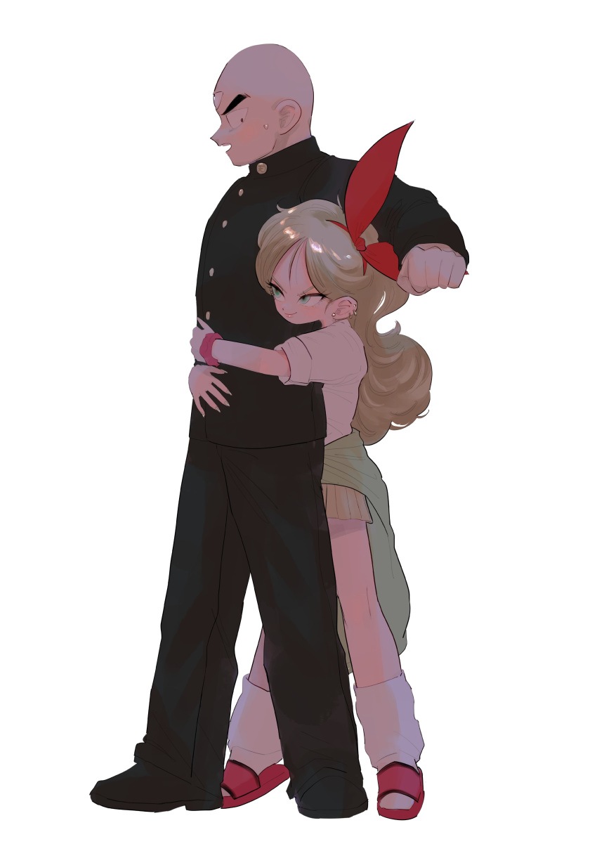 1boy, 1girl, absurdres, black_footwear, black_jacket, black_pants, blonde_hair, bow