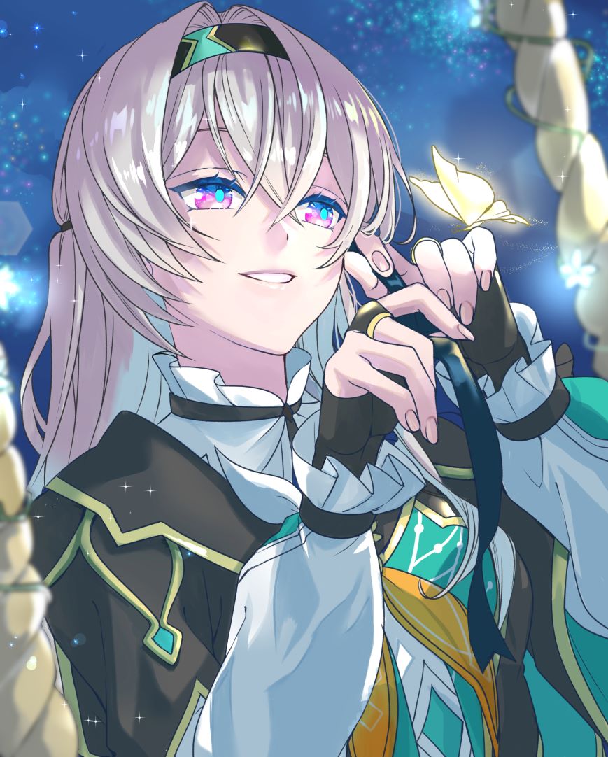 1girl, 1other, antenna_hair, blue_eyes, bridal_gauntlets, bug, firefly, firefly_(honkai:_star_rail)