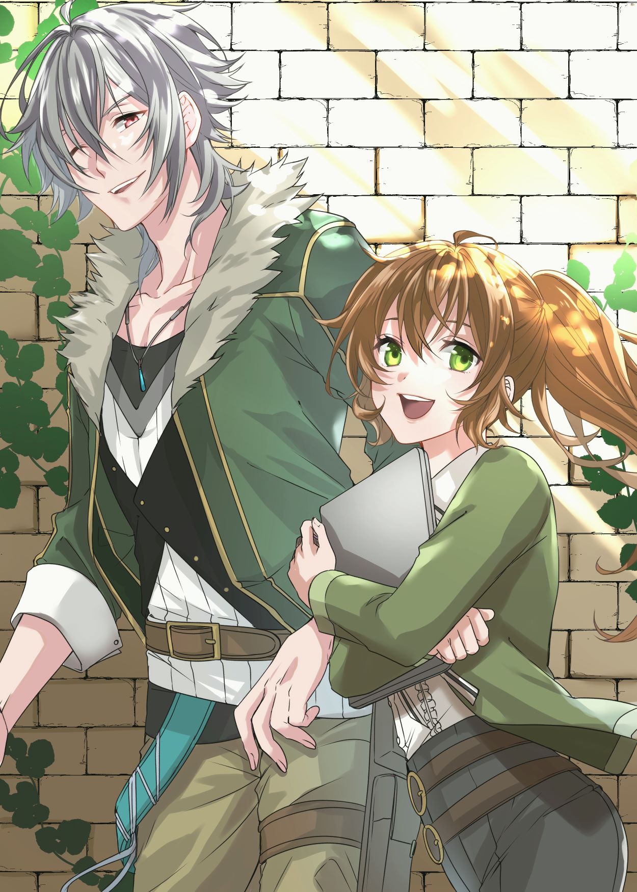 1boy, 1girl, brown_hair, crow_armbrust, double-parted_bangs, eiyuu_densetsu, floating_hair, green_eyes