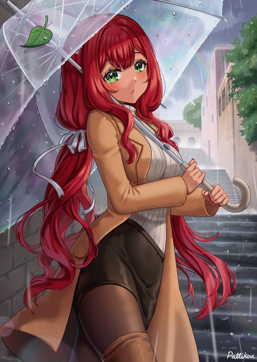1girl, artist_name, black_skirt, boots, brown_coat, brown_footwear, brown_pantyhose, center-flap_bangs, coat, dark-skinned_female, dark_skin, floating_clothes, floating_hair, green_eyes, grey_sweater, hair_intakes, hair_ribbon, head_tilt, high-waist_skirt, highres, holding, holding_umbrella, leaf, lens_flare, light_blush, long_hair, looking_at_viewer, low_twintails, open_clothes, open_coat, original, outdoors, overcast, pantyhose, parted_lips, pattikou, pencil_skirt, rain, rainbow, raised_eyebrows, redhead, ribbon, sidelocks, skirt, sky, stairs, sweater, teeth, thigh_boots, transparent, transparent_umbrella, tree, turtleneck, turtleneck_sweater, twintails, umbrella, very_long_hair, walking, water_drop, wavy_hair, white_ribbon