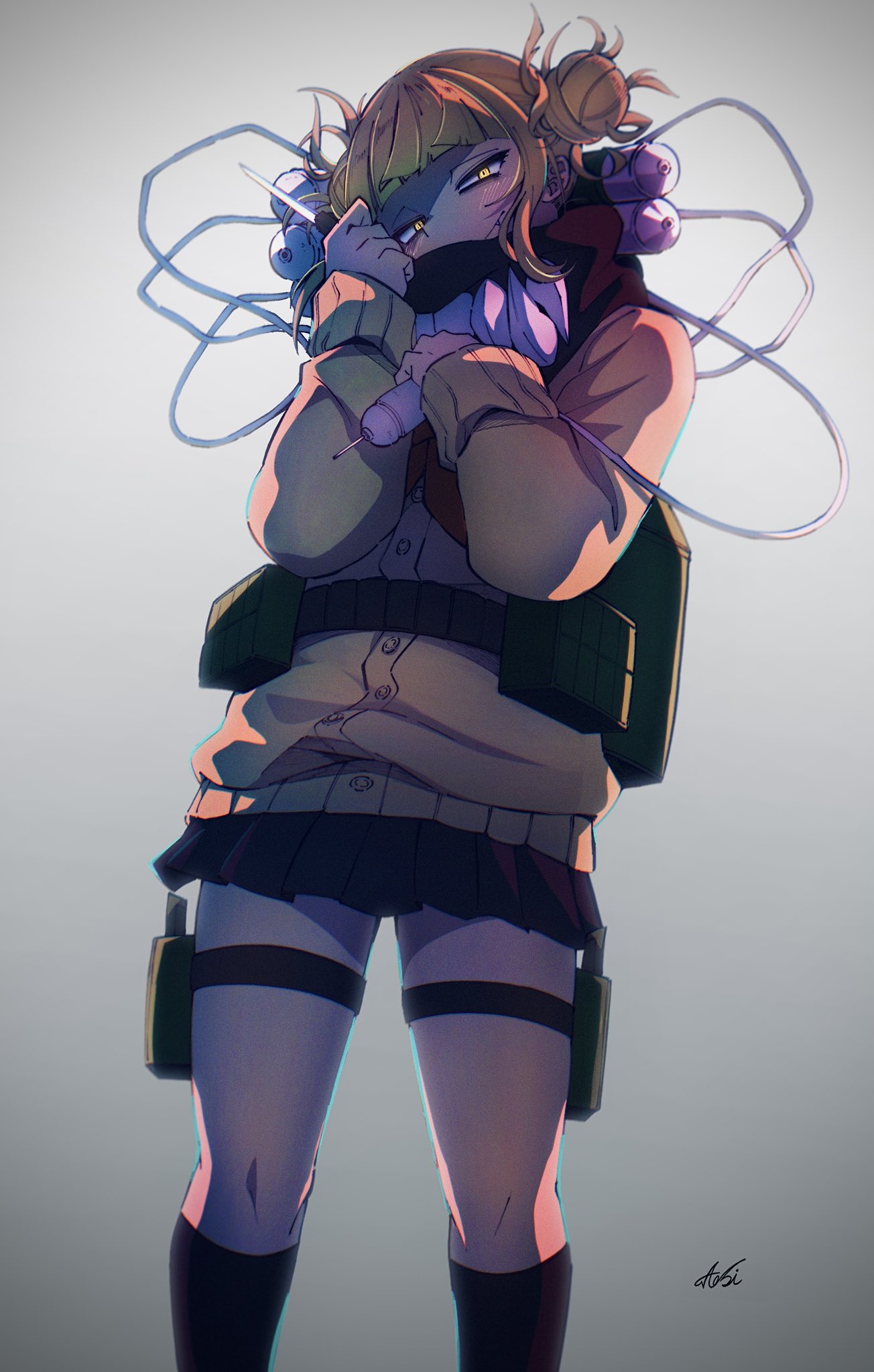 1girl, aobi_3814, bags_under_eyes, black_skirt, black_socks, blonde_hair, boku_no_hero_academia, canister