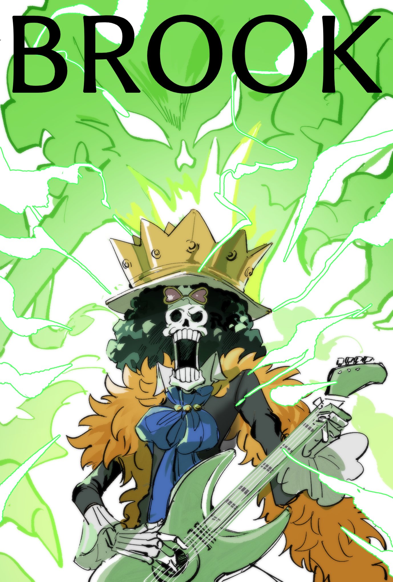 1boy, afro, ascot, black_jacket, blue_ascot, brook_(one_piece), character_name, crown, electricity, eyewear_on_head, feather_boa, guitar, highres, holding, holding_guitar, holding_instrument, instrument, jacket, male_focus, one_piece, open_mouth, santagawa, skeleton, smoke, solo, upper_body