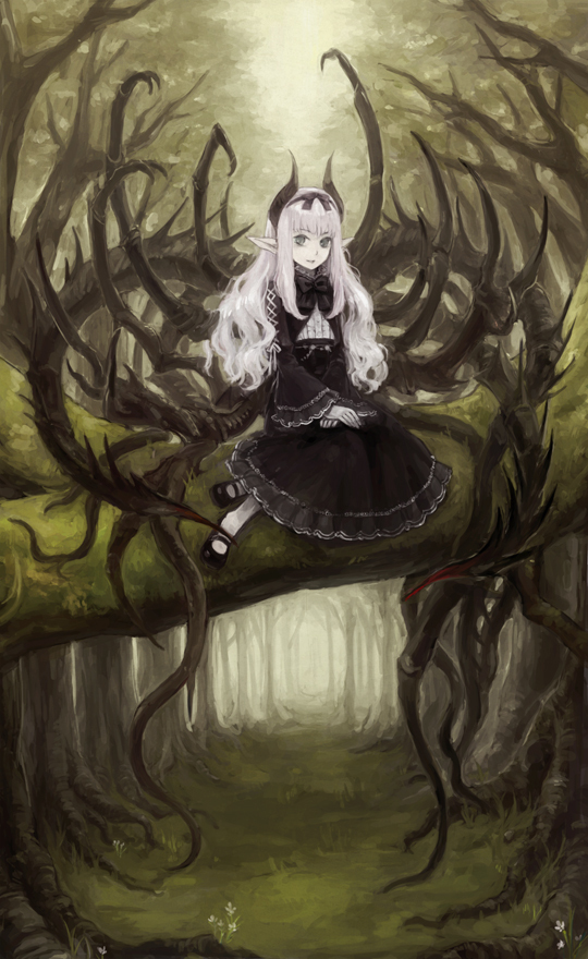 hair_ribbon, horns, long_hair, mary_janes, nature, nemu_(isaya), nemu_(pixiv), original