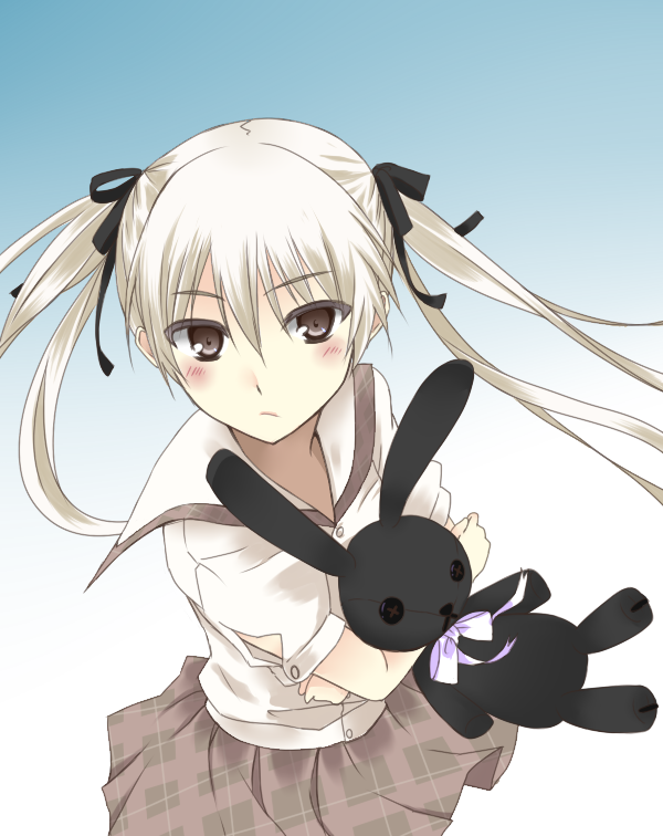 blush, doll, doll_hug, hachimikks_(artist), hair_ribbon, kasugano_sora, long_hair, plush