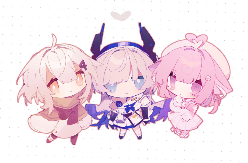 3girls, :>, @_@, ahoge, animal_ears, beret, black_pantyhose, black_scarf, blue_eyes, blue_hair, blue_neckerchief, brown_capelet, capelet, cat_ears, chibi, chibi_only, closed_mouth, coat, colored_tips, dot_mouth, dotted_background, ears_down, full_body, grey_hair, half-closed_eyes, hand_to_own_mouth, hat, headphones, heart, heart_ahoge, hiasane, highres, higuchi_(bgz2p), indie_utaite, indie_virtual_youtuber, layered_sleeves, long_hair, long_sleeves, looking_at_viewer, momone_chinoi, multicolored_hair, multiple_girls, n_(utaite), neckerchief, number_hair_ornament, orange_eyes, pantyhose, pink_armband, pink_eyes, pink_hair, pink_serafuku, pleated_skirt, scarf, school_uniform, second-party_source, serafuku, shirt, short_hair, short_over_long_sleeves, short_sleeves, skirt, smile, utaite, virtual_youtuber, white_background, white_coat, white_hair, white_hat, white_shirt, white_skirt