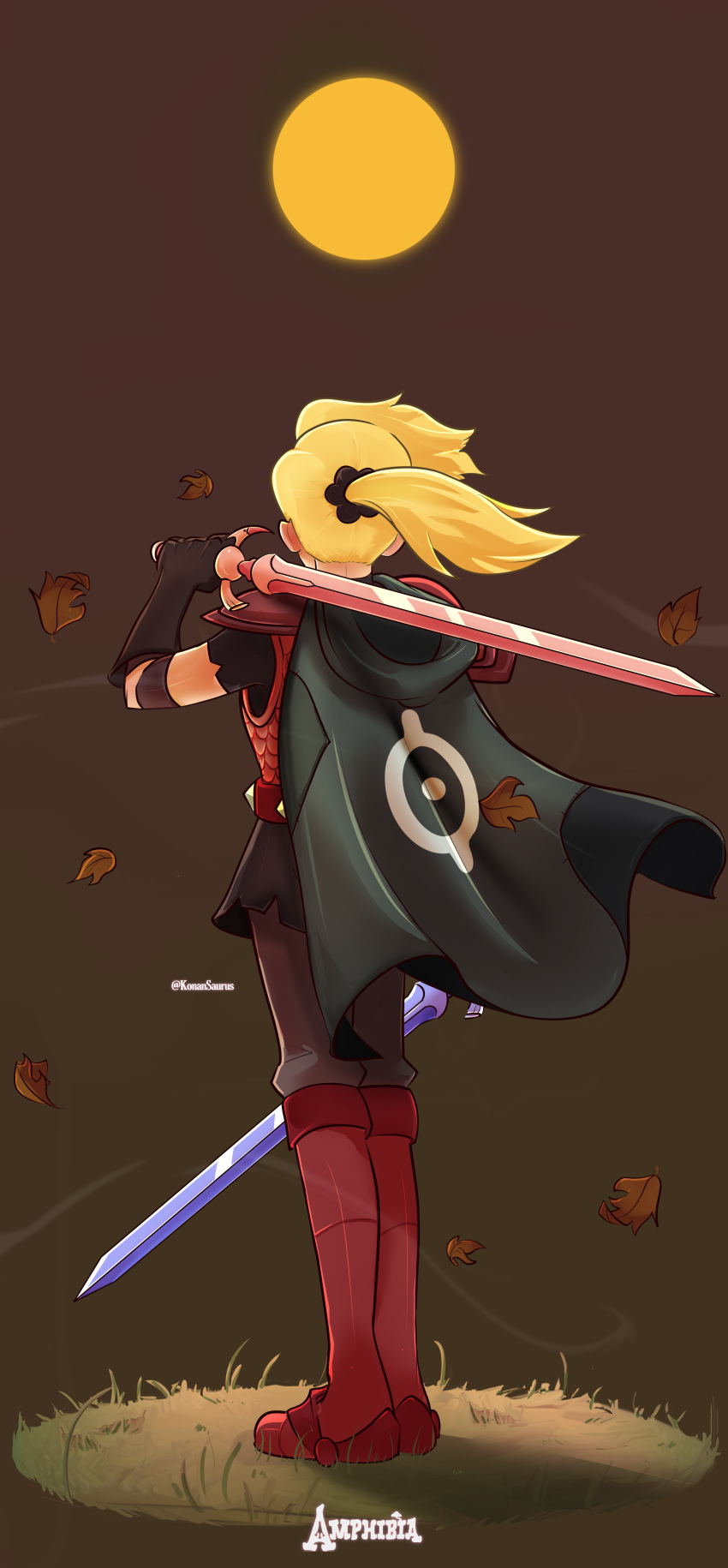 1girl, absurdres, amphibia, armor, armored_boots, artist_name, autumn_leaves, black_cape, blonde_hair, boots, breastplate, cape, copyright_name, from_behind, full_body, full_moon, gloves, grass, hair_ornament, hair_scrunchie, heron_sword, highres, konan_saurus, leaf, logo, moon, night, over_shoulder, pantyhose, pink_sword, ponytail, red_footwear, sasha_waybright, scale_armor, scrunchie, shoulder_armor, skirt, sky, spiked_belt, standing, sword, sword_over_shoulder, weapon, weapon_over_shoulder