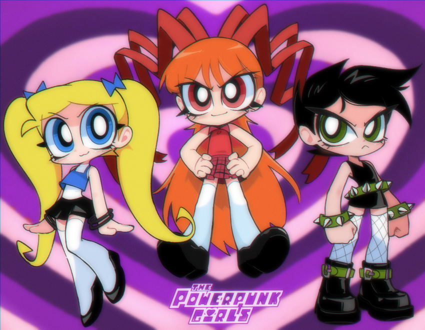 3girls, :3, alternate_universe, ankle_boots, berserk_(ppg), black_bracelet, black_dress, black_hair