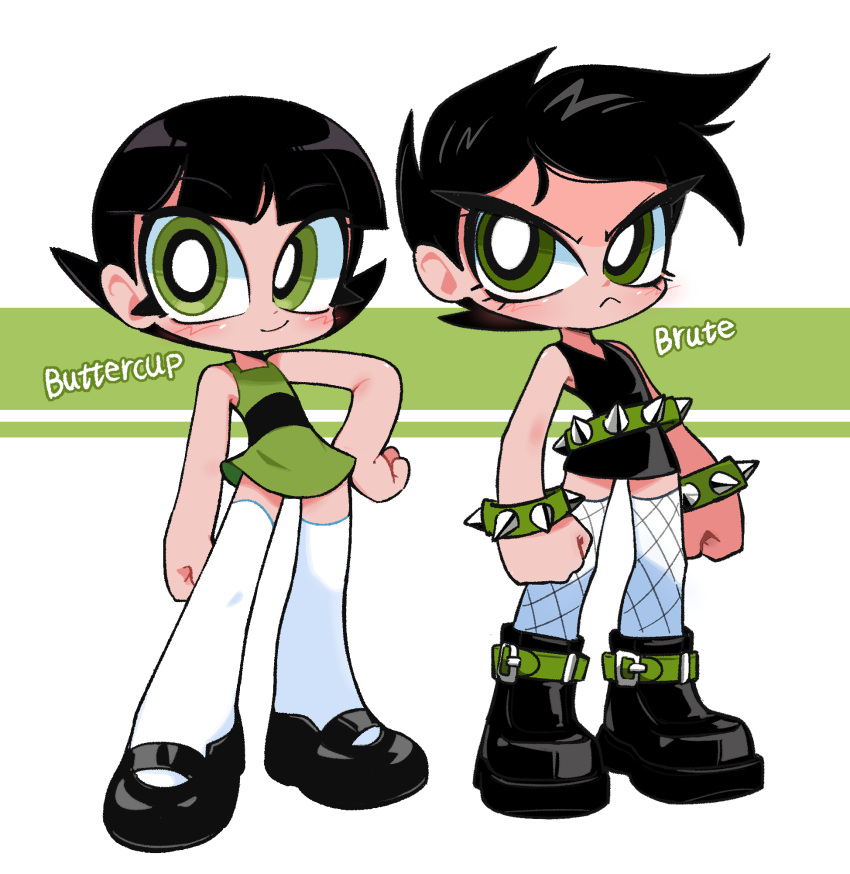 2girls, alternate_legwear, alternate_universe, ankle_boots, belt, black-haired_customer_(book_of_the_cafe), black_dress, black_footwear, black_hair, black_stripes, blush, boots, bracelet, bright_pupils, brute_(ppg), buttercup_(ppg), cartoon_network, character_name, clenched_hands, dark_persona, dress, eyelashes, fishnets, fishnets_over_socks, frown, green_belt, green_bracelet, green_dress, green_eyes, hand_on_own_hip, highres, jewelry, kim_crab, looking_at_viewer, mary_janes, multiple_girls, multiple_views, powerpuff_girls, shoe_belt, shoes, short_dress, short_hair, single_horizontal_stripe, sleeveless, sleeveless_dress, smile, spiked_belt, spiked_bracelet, spikes, standing, thigh-highs, v-shaped_eyebrows, white_pupils, white_thighhighs