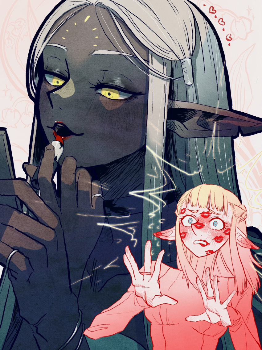 2girls, absurdres, applying_makeup, blonde_hair, blue_eyes, cithis, commentary, dark-skinned_female, dark_elf, dark_skin, dungeon_meshi, elf, english_commentary, facial_mark, forehead_mark, grey_hair, highres, jewelry, lipstick, lipstick_mark, lipstick_mark_on_face, long_hair, makeup, multiple_girls, notched_ear, pachix2_corgi, pattadol, pointy_ears, ring, yellow_eyes, yuri