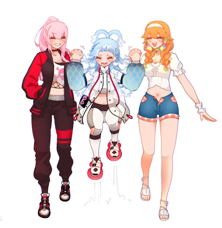 3girls, alternate_costume, bikini, bikini_under_clothes, blue_hair, braid, closed_eyes, denim