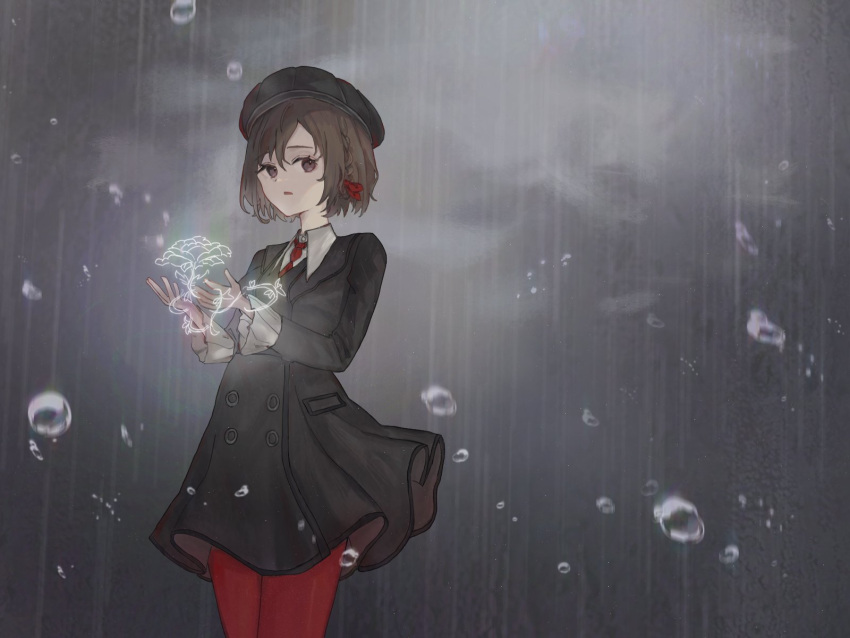 1girl, black_beret, black_coat, braid, brown_hair, buttons, coat, commentary, cowboy_shot, flower, glowing, hair_ribbon, highres, ibulyn, long_sleeves, looking_at_viewer, necktie, official_alternate_costume, pantyhose, parted_lips, project_sekai, rain, red_necktie, red_pantyhose, red_ribbon, ribbon, shinonome_ena, short_hair, side_braid, solo, standing, watashi_wa_ame_(vocaloid), water_drop