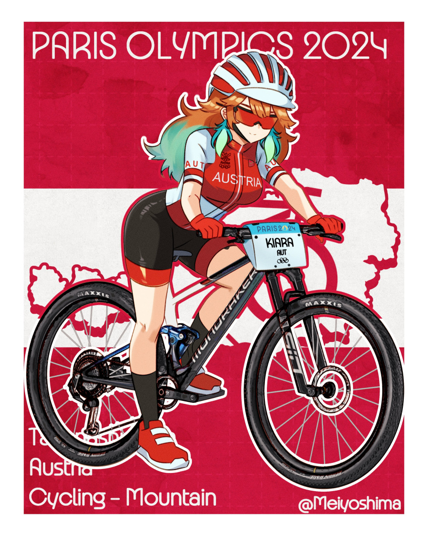 1girl, 2024, 2024_summer_olympics, absurdres, alternate_costume, austrian_flag, bicycle, bicycle_helmet